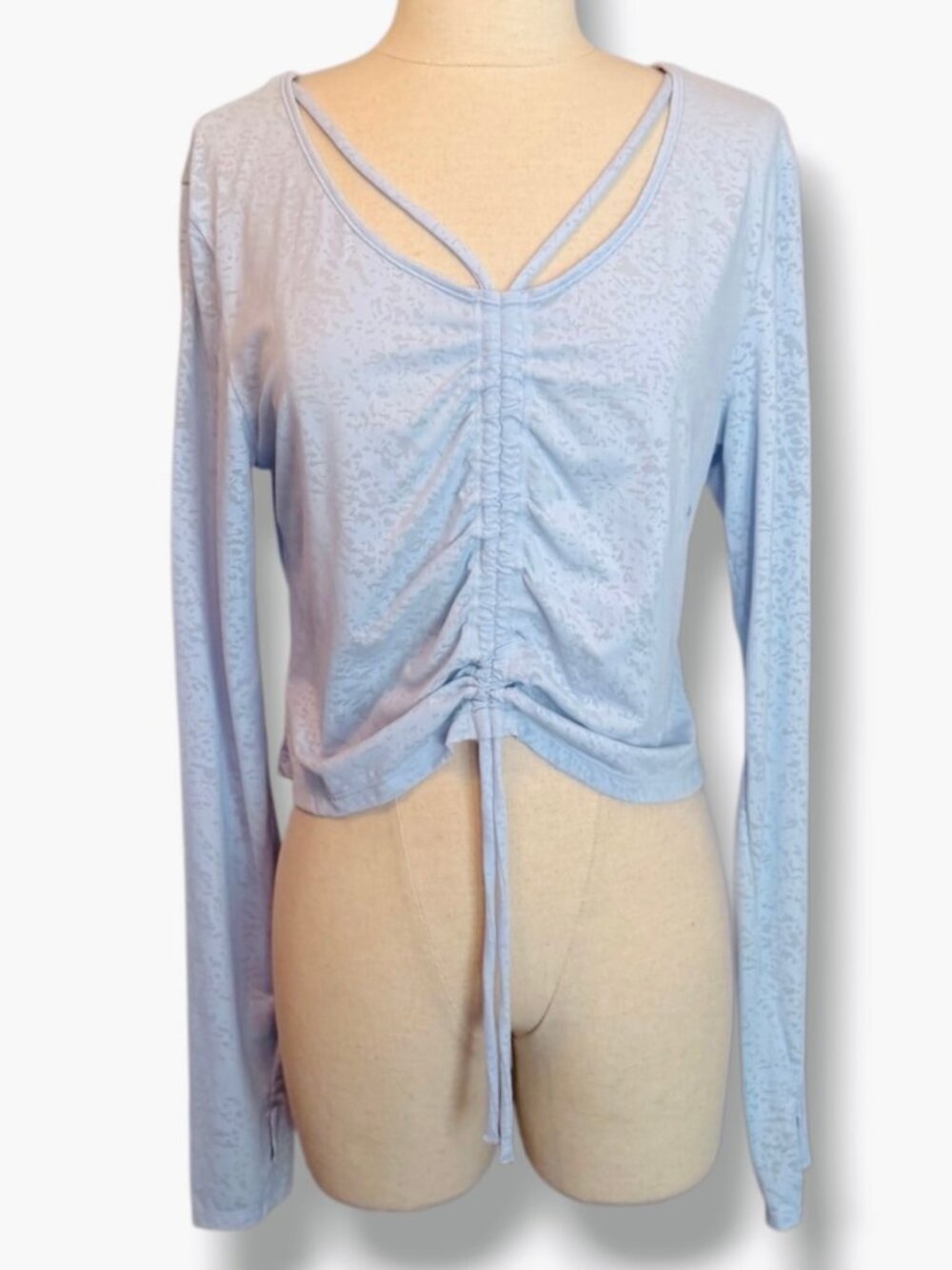 Sheer Light Blue Ruched Drawstring Crop Top V Neck Long Sleeve Tee